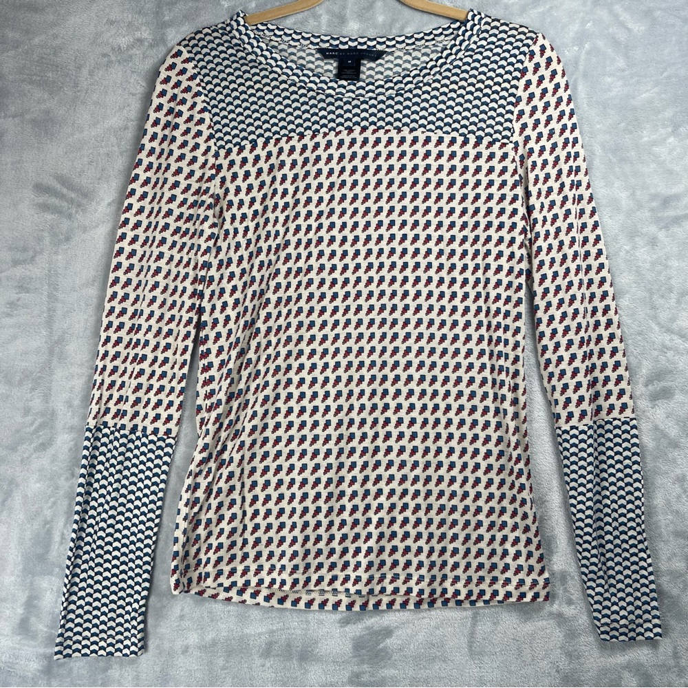 Marc By Marc Jacobs Navy and Cream Patterned Long Sleeve Top